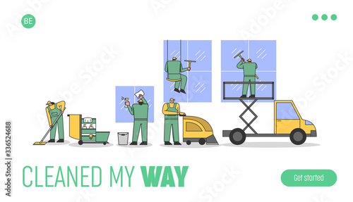 Concept Of Cleaning Service. Website Landing Page. Workers In Uniform Are Cleaning Rooms And Windows, Using High Working Truck Platform. Web Page Cartoon Linear Outline Flat Style Vector Illustration