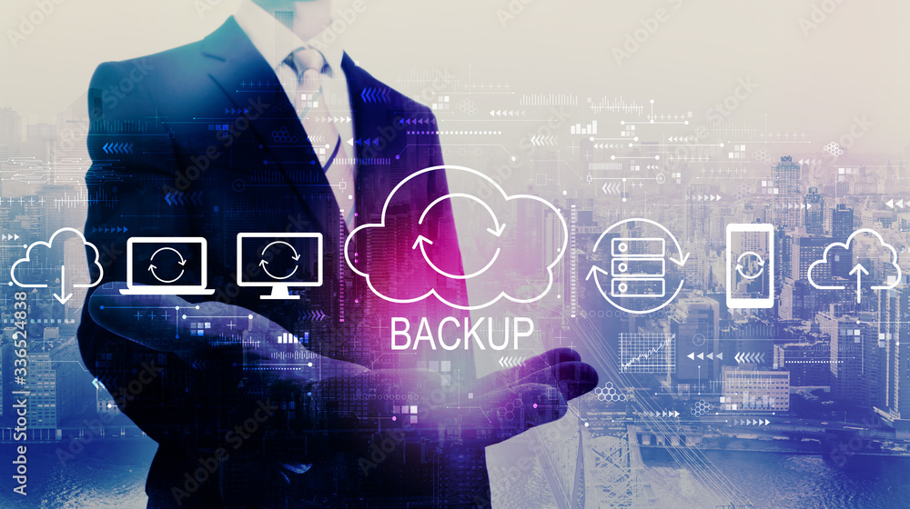 Backup concept with businessman on a city background Backup concept with businessman on a city background