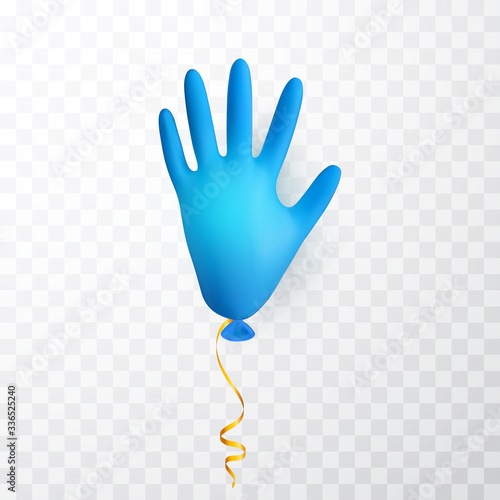 Realistic blue medical latex glove balloon. Shine helium balloon made from medical latex glove. Vector illustration