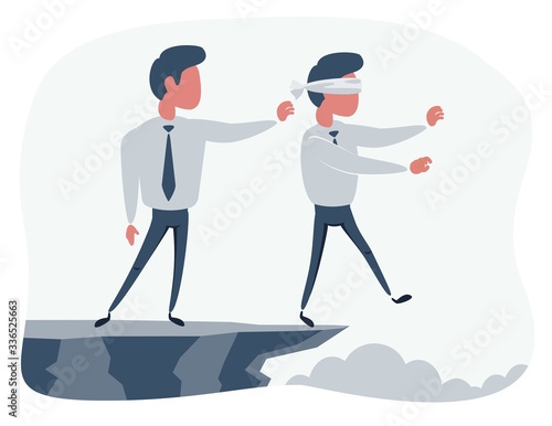 Business man pushing his competitor off the cliff. Concept of competition, sabotage and danger of the corporate business world. Vector cartoon illustration.