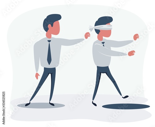 Business man pushing his competitor to the hole. Concept of competition, sabotage and danger of the corporate business world. Vector cartoon illustration.
