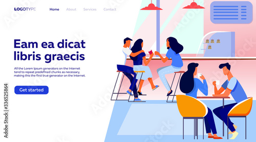Coffee shop interior vector illustration. Young men and women drinking coffee at tables or counter. Modern cafe image for canteen or catering concept
