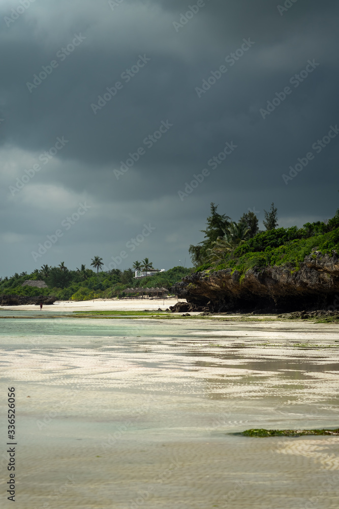 white sand beach with dark cloudy sky at low tide. potrait format