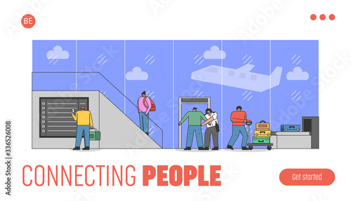 Website Landing Page. People In Airport Go Through Security Measures Procedures. Characters Have Security Screening, Check-in, Carry Luggage. Web Page Cartoon Linear Outline Flat Vector Illustration
