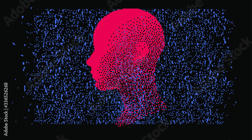 Wireframe of human head made of pixels and particles. Concept for Artificial Intelligence.