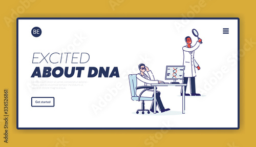 Genetic Engineering, Diagnosis, Molecule DNA Researching Concept. Website Landing Page. Person Predisposition Genetic Disorder Determination. Web Page Cartoon Linear Outline Flat Vector Illustration