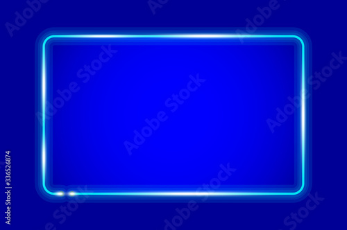 Glowing rounded rectangular neon frame, blue background. Realistic vector illustration