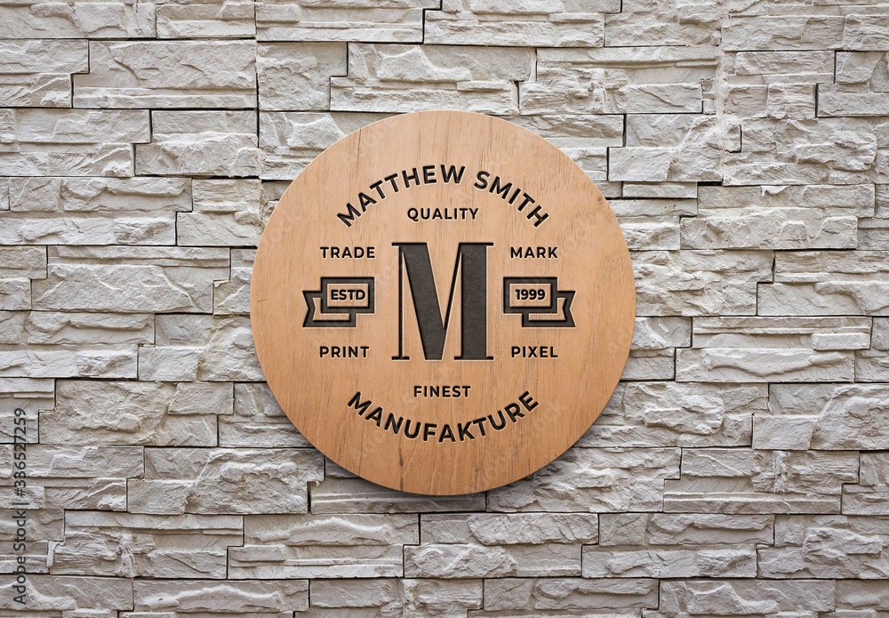 Wooden Sign on Brick Wall Mockup Stock Template Adobe Stock