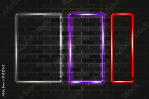 Three vertical frames of different colors glowing neon sign on a black brick wall. Realistic vector illustration