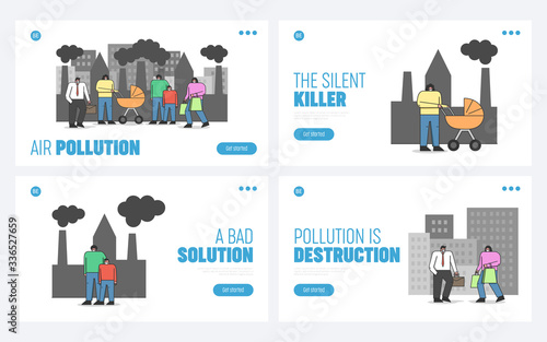 Concept Of Air Pollution. Website Landing Page. Men And Women Are Wearing Protective Medical Face Masks To Prevent Health Problems. Web Page Cartoon Linear Outline Flat Style Vector Illustrations Set