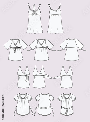 Top donna premaman set disegno piatto sketch fashion illustration fronte e retro mock up vettoriale
