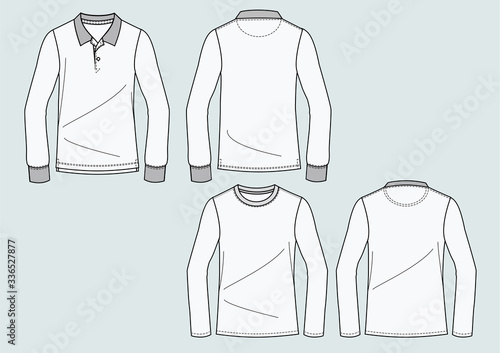 Polo e t-shirt uomo manica lunga disegno piatto sketch fashion illustration fronte e retro mock up vetttoriale