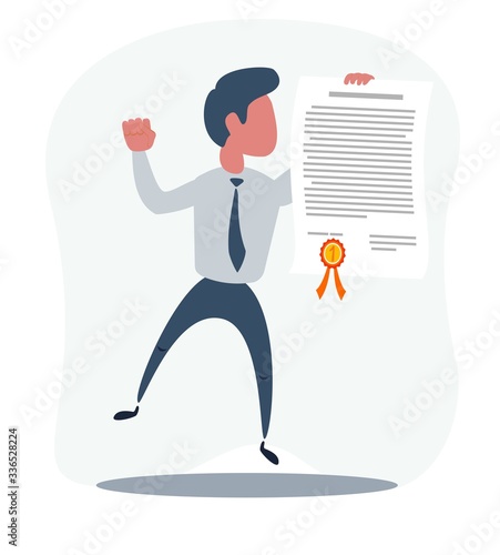 Manager or student. A man in a suit hold a certificate on completion of education. Illustration, vector