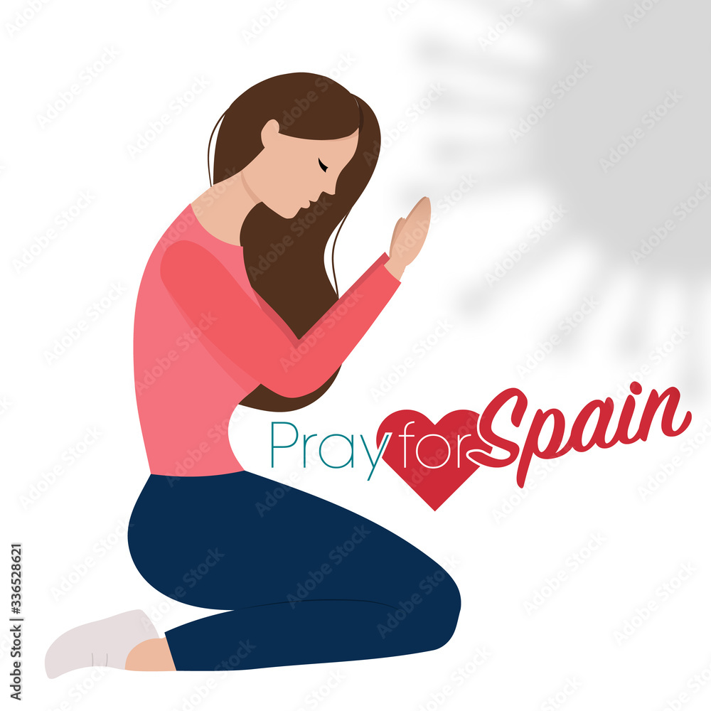 Spanish woman and Spain flag. Pray for Spain, save spanish people concept. Covid-19 or Coronavirus concept. Spanish woman and Spain flag. Pray for Spain, save spanish people concept. Covid-19 or Coronavirus concept.