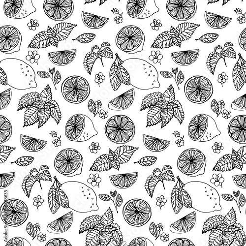 Lemon mint leaves flowers pattern doodle hand drawn graphics vector