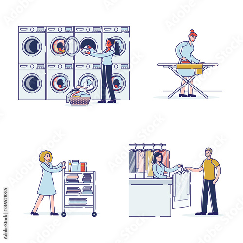 People Giving To Dry Cleaner, Washing And Ironing Their Clothes And Things In Laundry. Modern Interior With Equipment, Customers And Staff. Cartoon Linear Outline Flat Style Vector Illustrations Set
