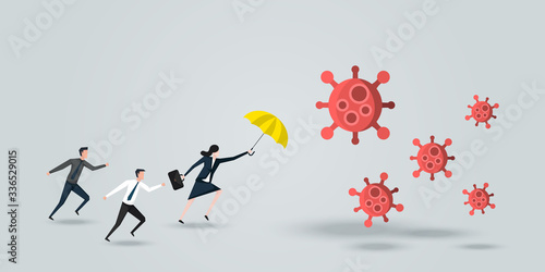 Female Leader Protect His Team, a Business Woman With Yellow Umbrella  Defense Coronavirus 2019 or Covid-19, Business Concept of Teamwork and leadership. Vector Ilustration.