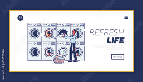 Laundry And Dry Cleaning Concept. Website Landing Page. Woman Putting Dirty Clothes Into Washing Machine For Washing In Modern Wash Service. Web Page Cartoon Linear Outline Flat Vector Illustration