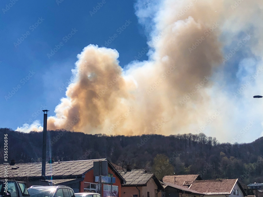 Obraz premium a large fire from the forest with smoke leaving the atmosphere