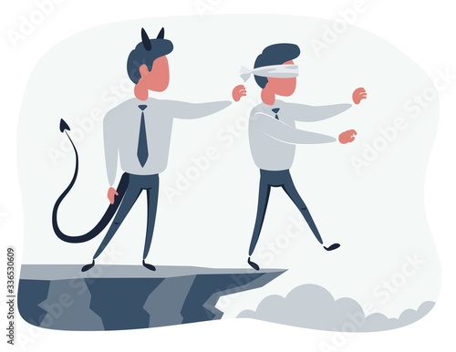 Business man pushing his competitor off the cliff. Concept of competition, sabotage and danger of the corporate business world. Vector cartoon illustration.