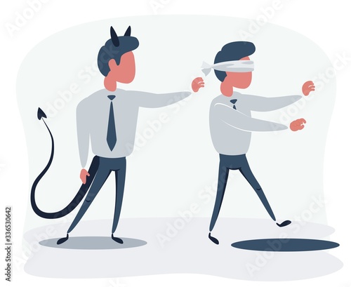Business man pushing his competitor to the hole. Concept of competition, sabotage and danger of the corporate business world. Vector cartoon illustration.
