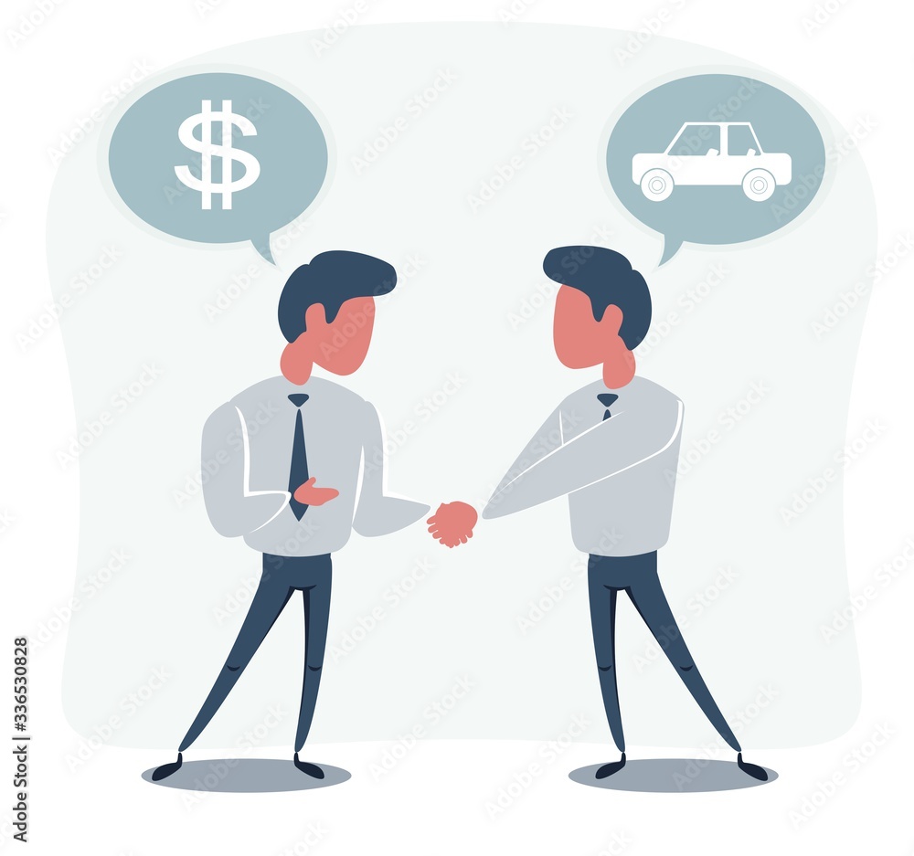 Businessman with money buying a car isolated on background. Vector flat design illustration. Businessman with money buying a car isolated on background. Vector flat design illustration.