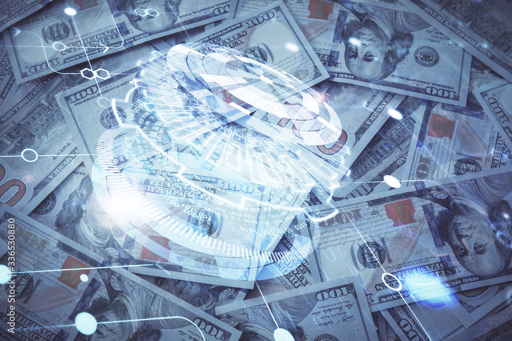 Double exposure of data theme drawing over us dollars bill background. Technology concept.