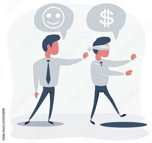 Business man pushing his competitor to the hole. Concept of competition, sabotage and danger of the corporate business world. Vector cartoon illustration.