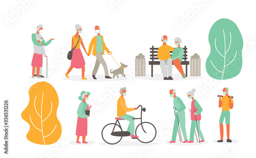 Vector illustration set of old people walking outside in park and wearing masks, isolated on white background. Virus concept, protection, grandmother and grandfather, epidemic concept, flat cartoon