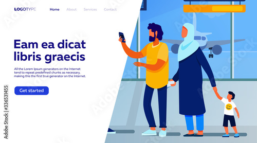 Group of passengers standing in queue to counter vector illustration. Departures board and airline transportation concept. Travelers waiting in line for plane