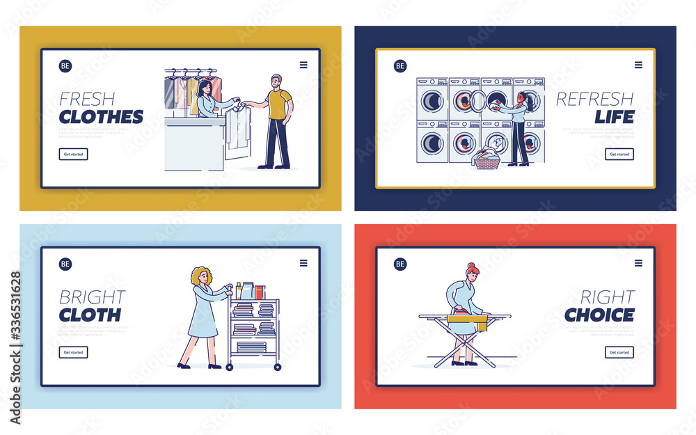 People Giving To Dry Cleaner, Washing And Ironing Their Clothes And Things In Laundry. Website Landing Page. Modern Laundry Interior. Web Page Cartoon Linear Outline Flat Vector Illustrations Set People Giving To Dry Cleaner, Washing And Ironing Their Clothes And Things In Laundry. Website Landing Page. Modern Laundry Interior. Web Page Cartoon Linear Outline Flat Vector Illustrations Set