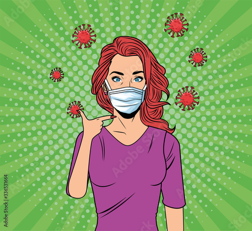 woman using face mask for covid19 pop art style