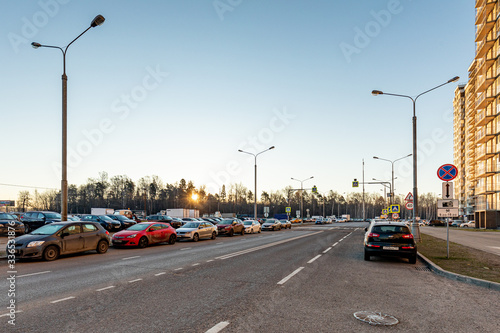 Lyubertsy, Moscow Region, Russia. City outskirts at dawn. Car parking on the outskirts of the city. Sleeping area in Lyubertsy. Deserted streets during the quarantine of COVID-19. Russia photo