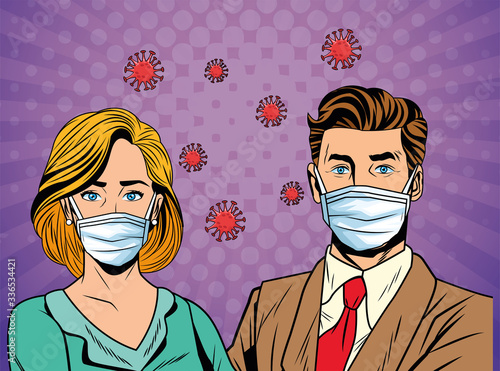 couple using face masks and covid19 particles pop art style