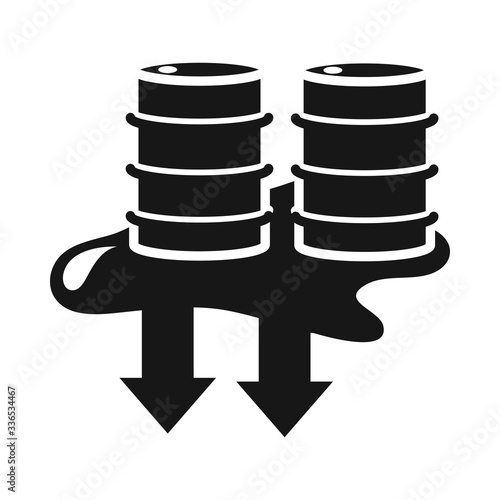 spilled barrels down arrow trade crisis economy, oil price crash silhouette style icon