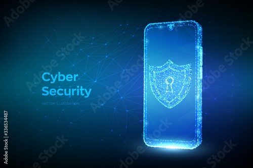 Protect and cyber security of safe concept. Abstract low polygonal smartphone and shield with keyhole icon. Illustrates cyber data security or information privacy idea. Vector Illustration.