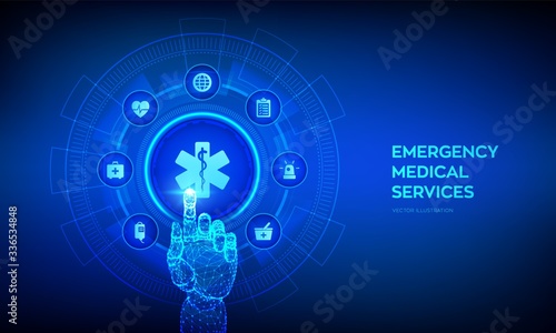 Emergency medical services concept on virtual screen. Emergency call. Online medical support. Medicine and healthcare application. Robotic hand touching digital interface. Vector illustration.