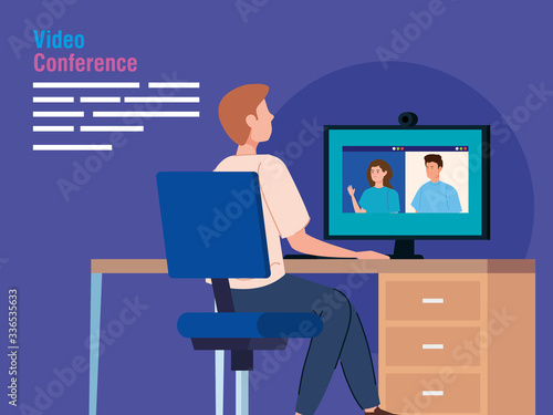 man in video conference from the computer vector illustration design