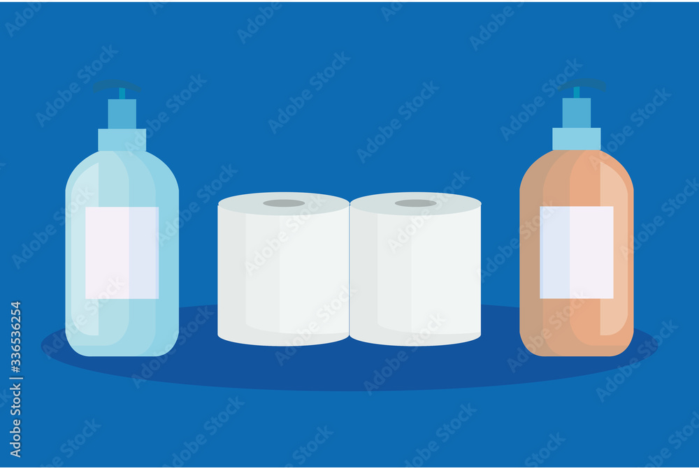 set toilet paper with antibacterial bottle isolated icons vector illustration design set toilet paper with antibacterial bottle isolated icons vector illustration design