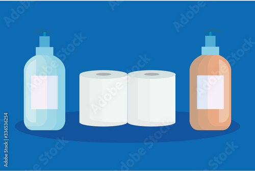 set toilet paper with antibacterial bottle isolated icons vector illustration design