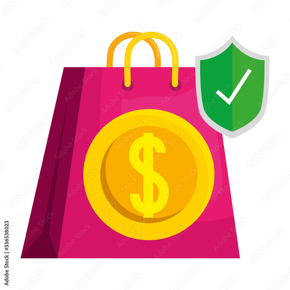 Shopping bag with coin and shield design of Commerce market store shop retail buy paying banking and consumerism theme Vector illustration Shopping bag with coin and shield design of Commerce market store shop retail buy paying banking and consumerism theme Vector illustration