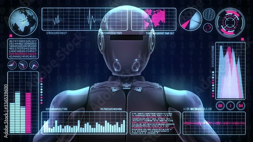 Robot Includes a Futuristic User Interface With the Word Antivirus. 3d Animation Rendering