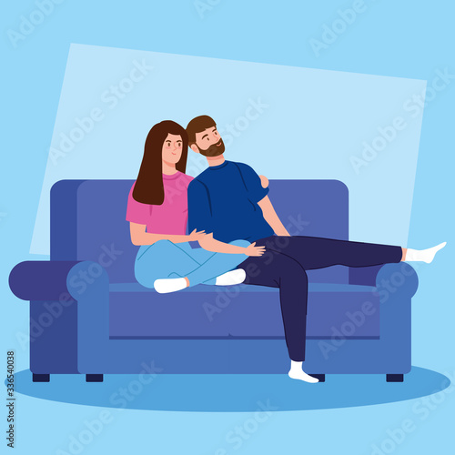 campaign stay at home with couple in living room vector illustration design