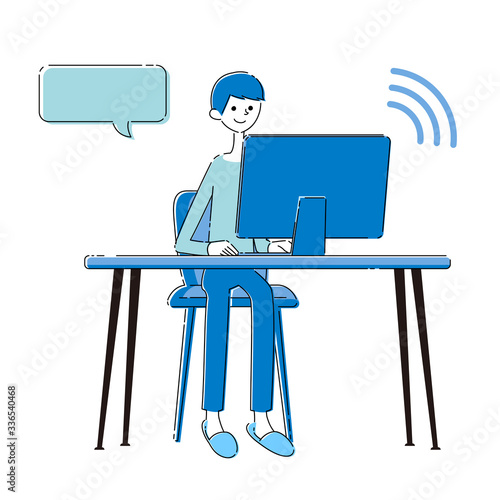 リモートワークをする男性のイラスト(ブルー)