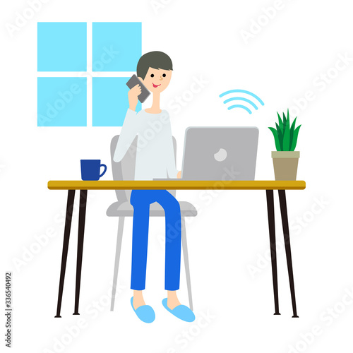 リモートワークで電話している男性のイラスト