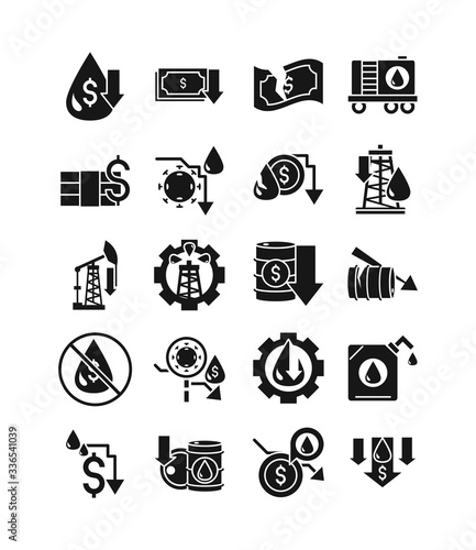 oil price crash crisis economy business financial icons set silhouette style icon
