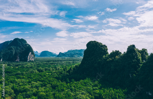 Aerial scenery view of jungle forest and mountains. Bird's eye view of beautiful panoramic nature landscape of tropical jungle on Ao Phang Nga bay National Park, Thailand