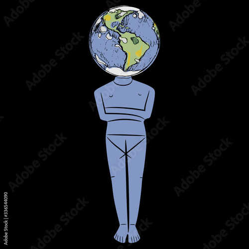 Isolated vector illustration. Planet Earth as living goddess. Ancient Greek Cycladic idol figurine with head as globe. Gaia.