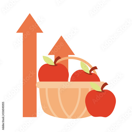 filled shopping basket with apple up arrows, rising food prices, flat style icon