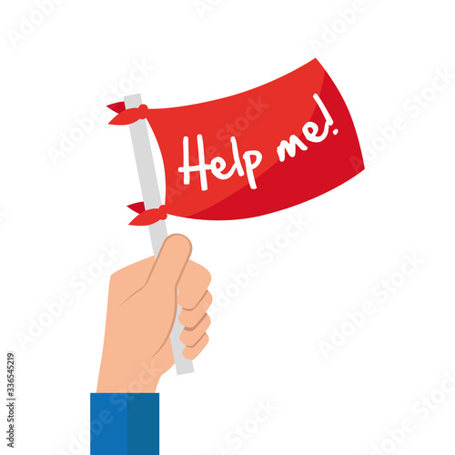 hand and flag with signboard help me isolated icon vector illustration design